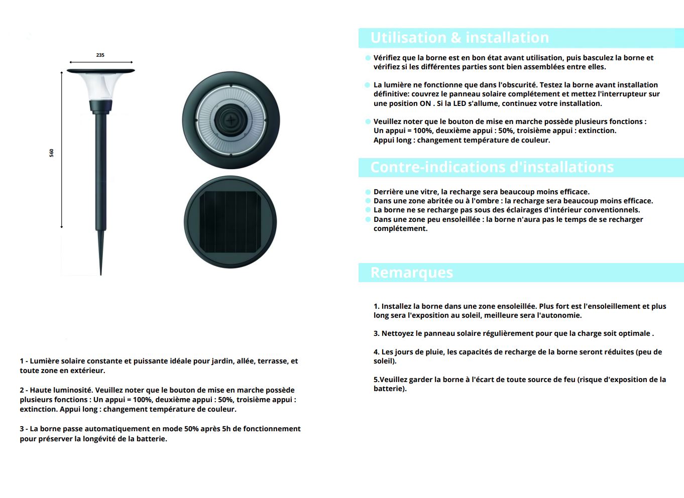 Borne solaire LED d'extérieur sur piquet